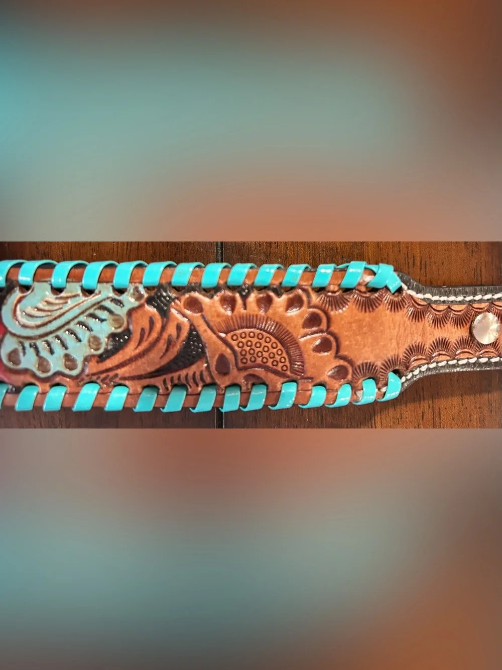 Tooled Genuine Leather Western Dog Collar w/ Turquoise and Red Accents-SMALL